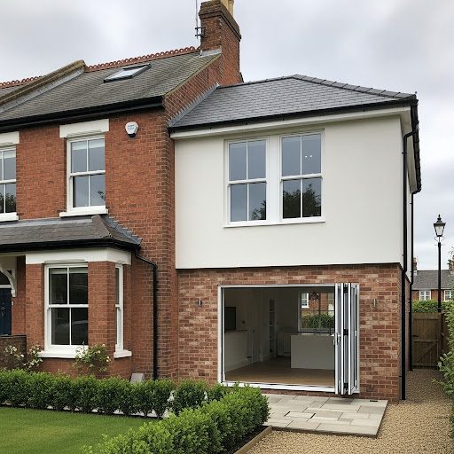 Modern home extension with large windows and a brick facade, set in a landscaped garden.