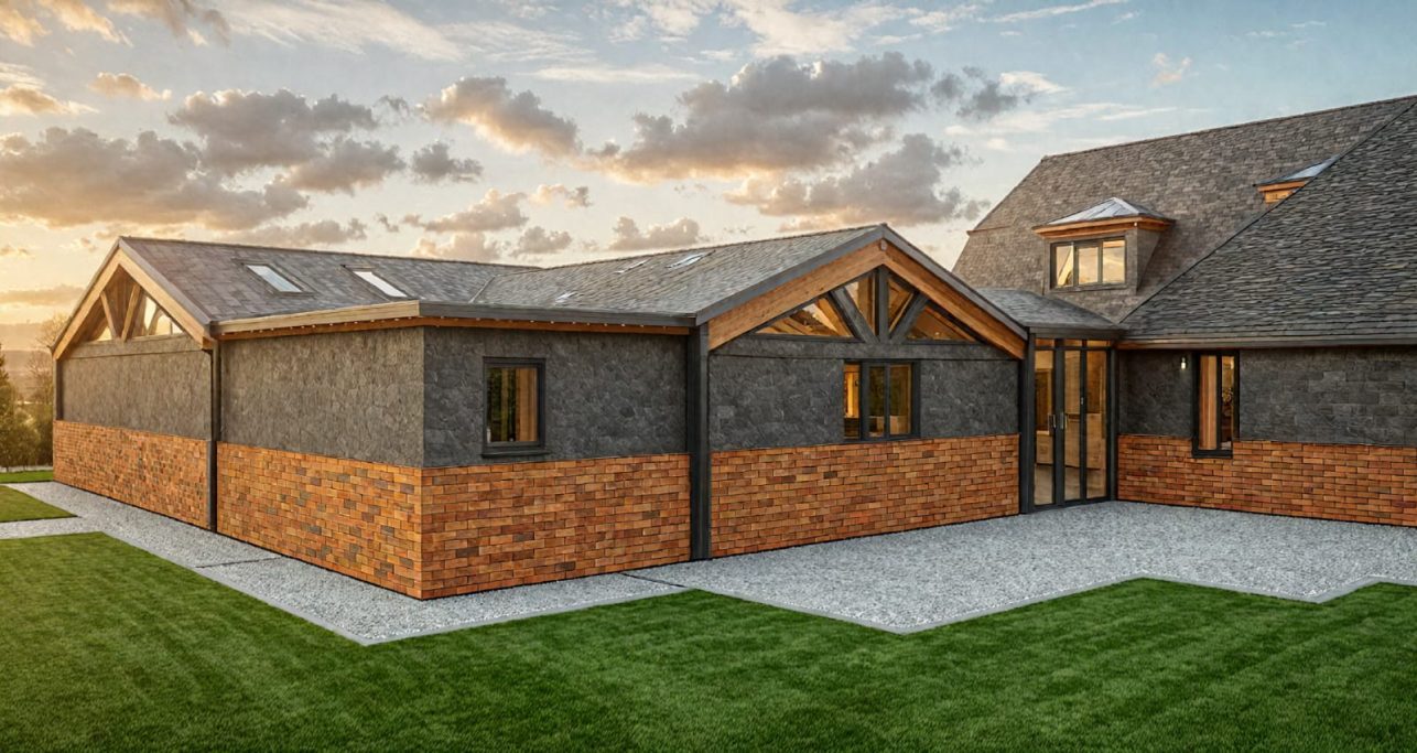 Modern house with a mix of grey and brick exterior, surrounded by green lawn and clouds.