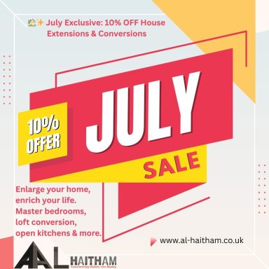 Promotional graphic for July sale offering 10% off home extensions and conversions.