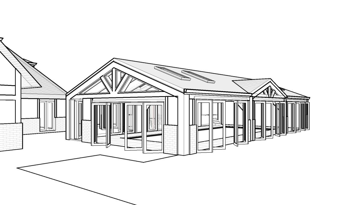 Architectural sketch of a contemporary house with a large porch and angular rooflines.