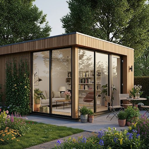Garden Annex Modern wooden garden studio surrounded by greenery and flowers, featuring large glass windows.