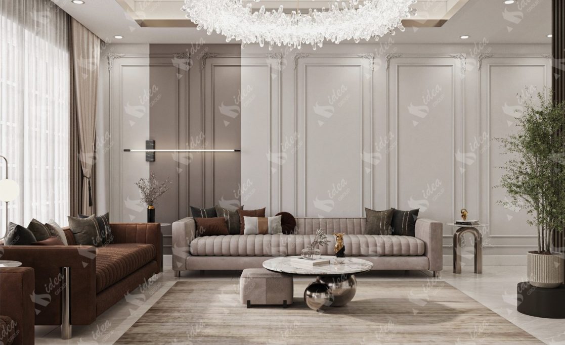 Modern living room with elegant furniture, a stylish chandelier, and decorative plants.