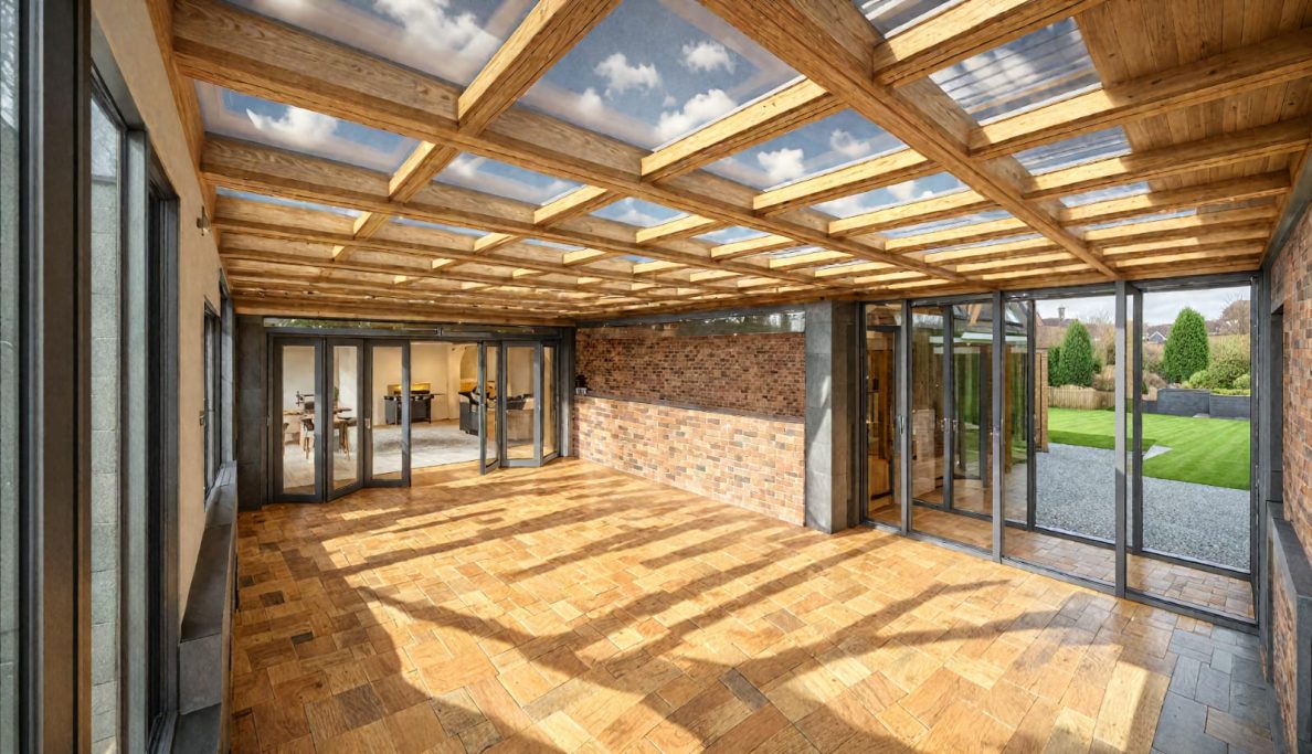 Modern interior with wooden beams, large windows, and a brick wall, bathed in natural light.
