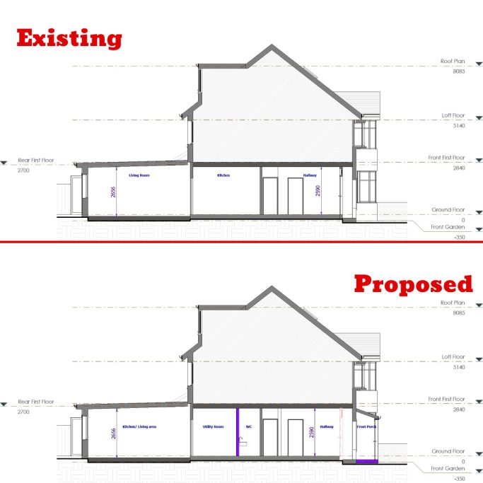 Side-by-side elevation drawings: existing structure above and proposed modifications below.