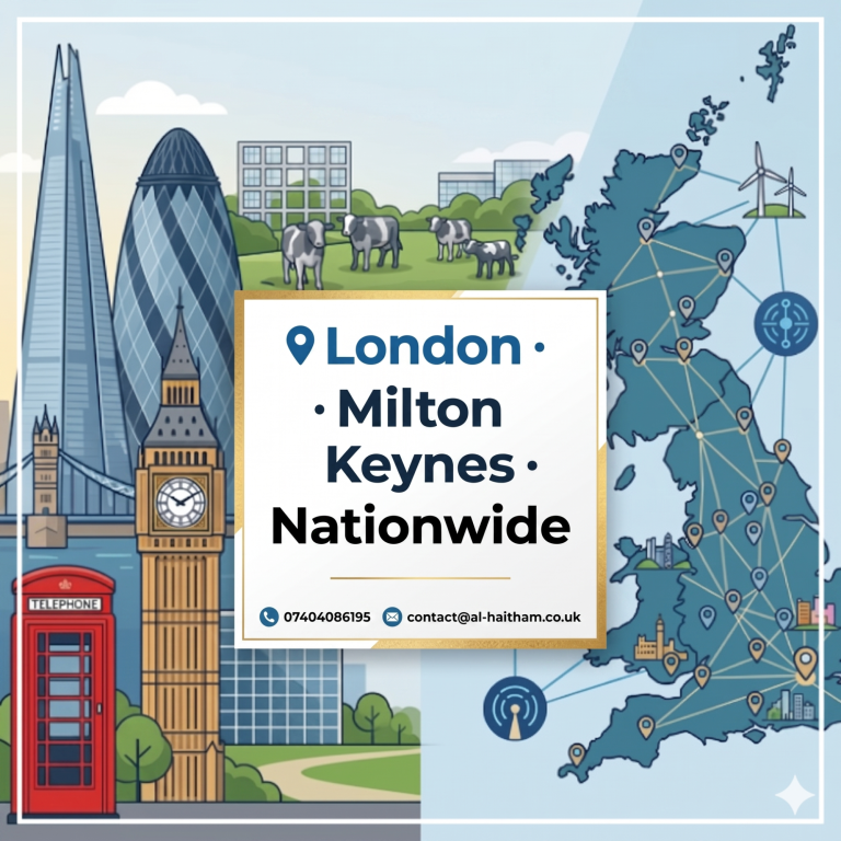 Illustration featuring landmarks from London and Milton Keynes, with a map of the UK.
