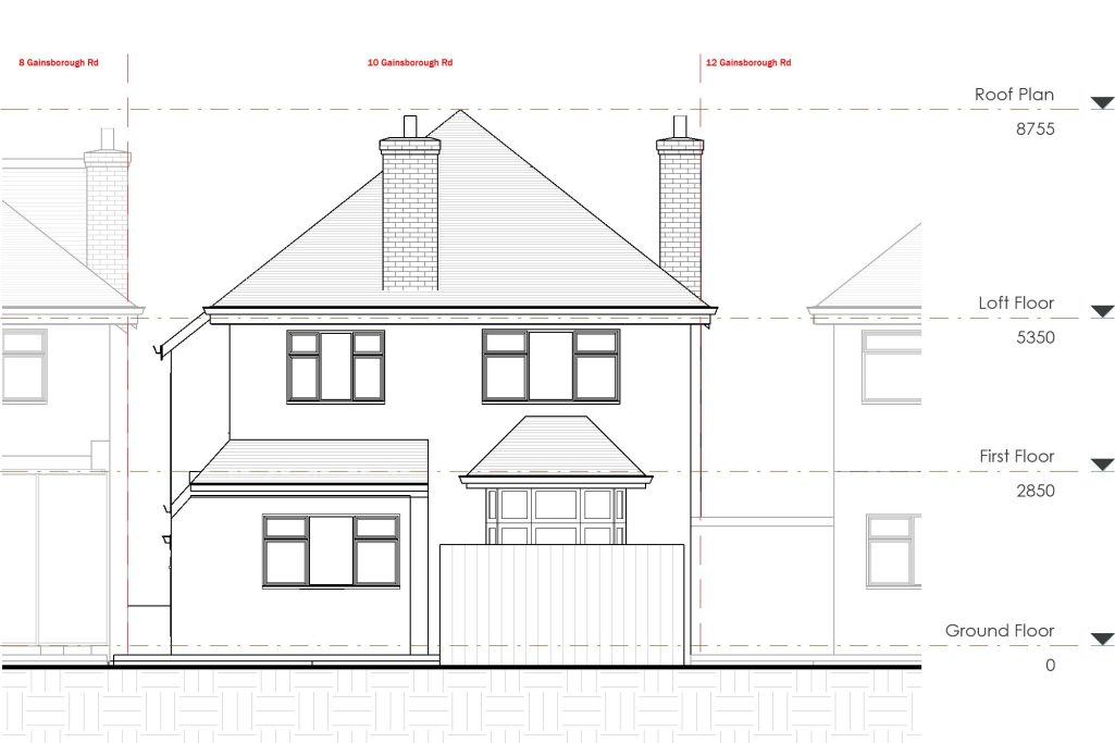 Architectural drawing of a two-storey house with a pitched roof and two chimneys.