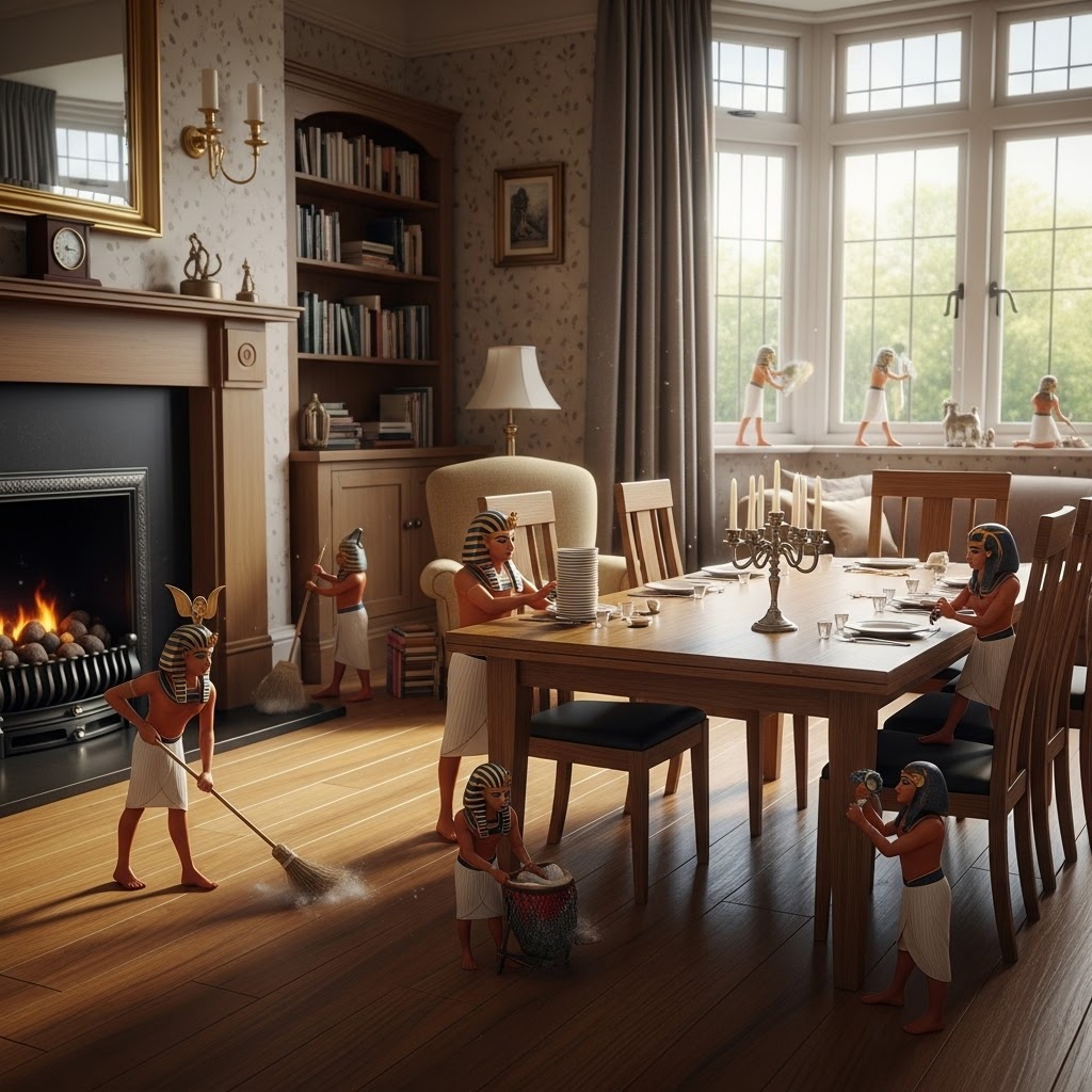 Dining Room A cozy dining room with small figures engaged in various tasks around a table.