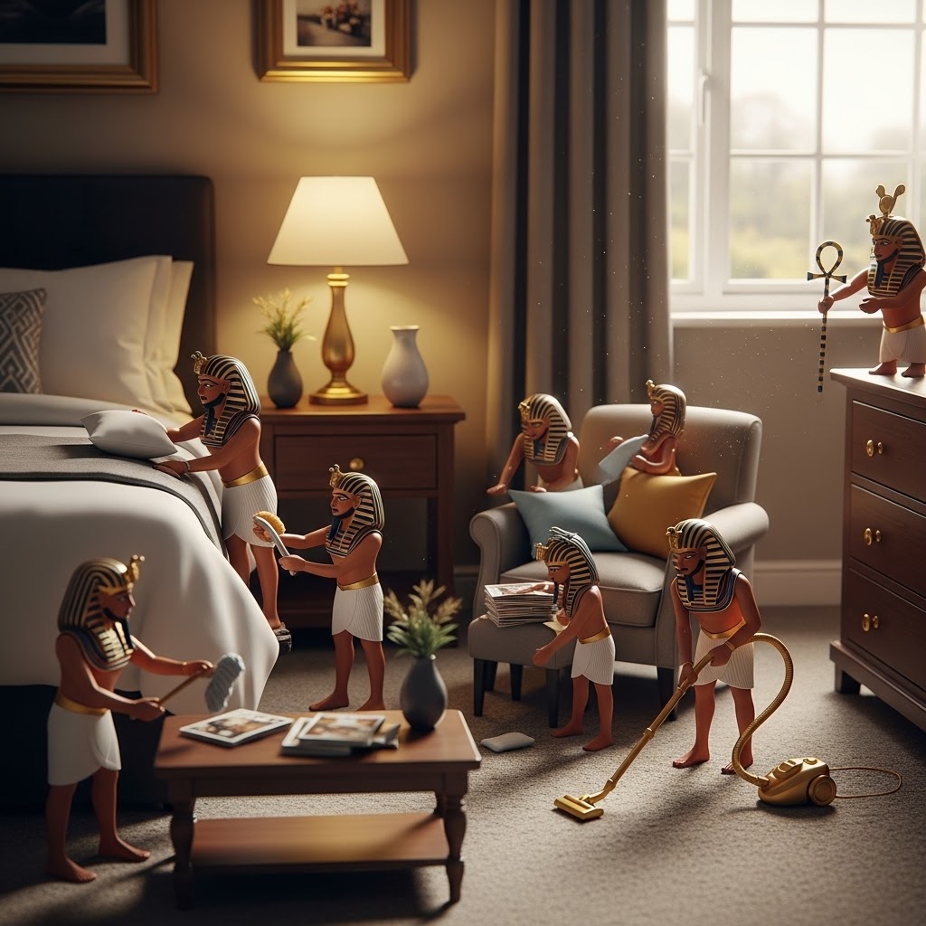 Guest Suite A whimsical scene of small figures with lion heads performing chores in a room.