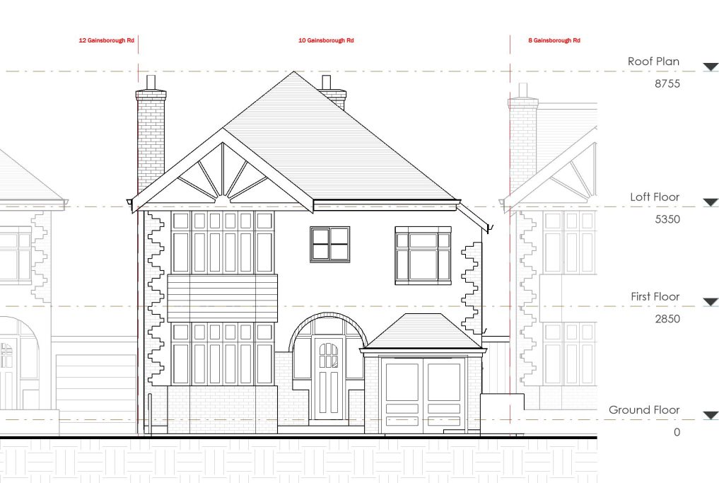 Elevational drawing of a two-storey, detached house with architectural details.