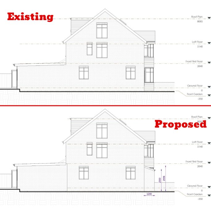 Side elevation drawings showing existing and proposed designs of a house.