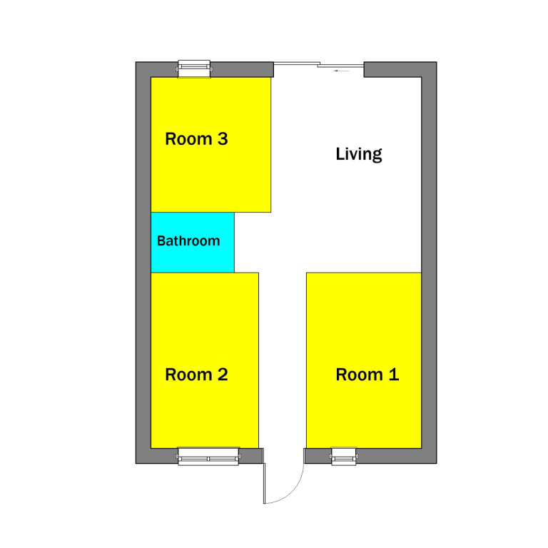 Floor plan showing a living area, bathroom, and three rooms, colour-coded for clarity.