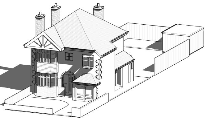 Architectural drawing of a house with multiple chimneys and a side garden.