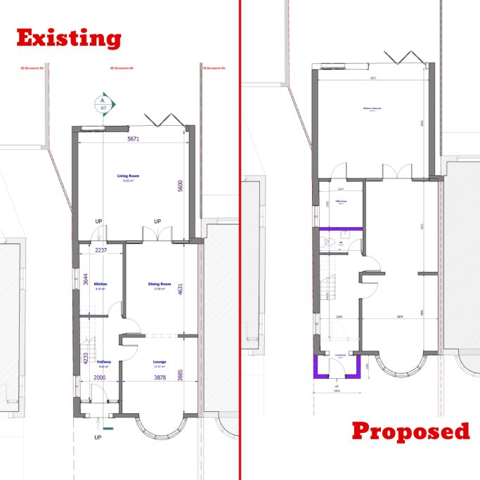 Comparison of existing and proposed floor plans, highlighting layout changes.