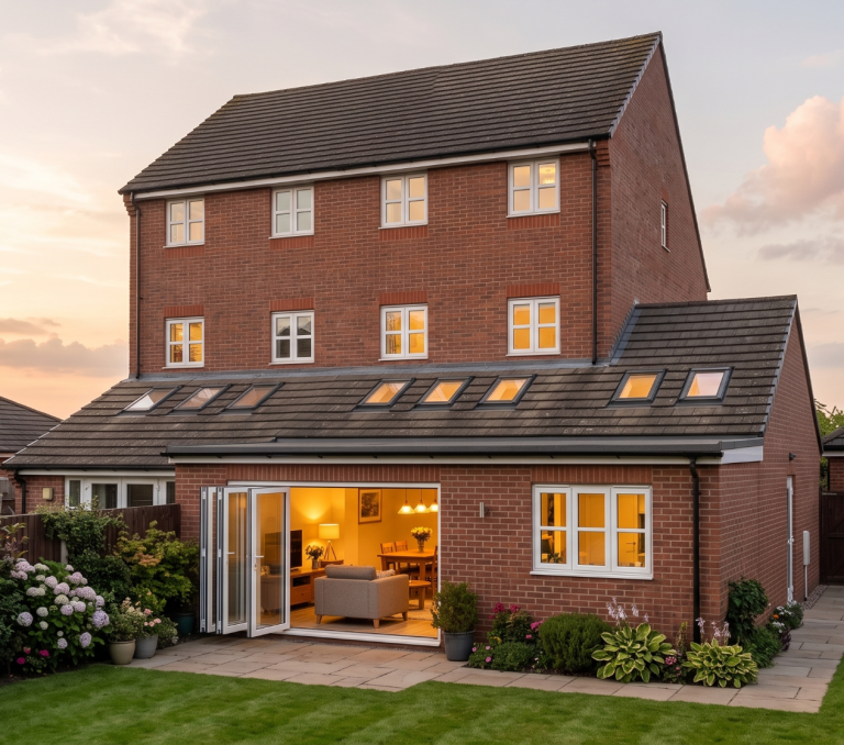 A modern brick house with multiple windows and a garden in the foreground at sunset.