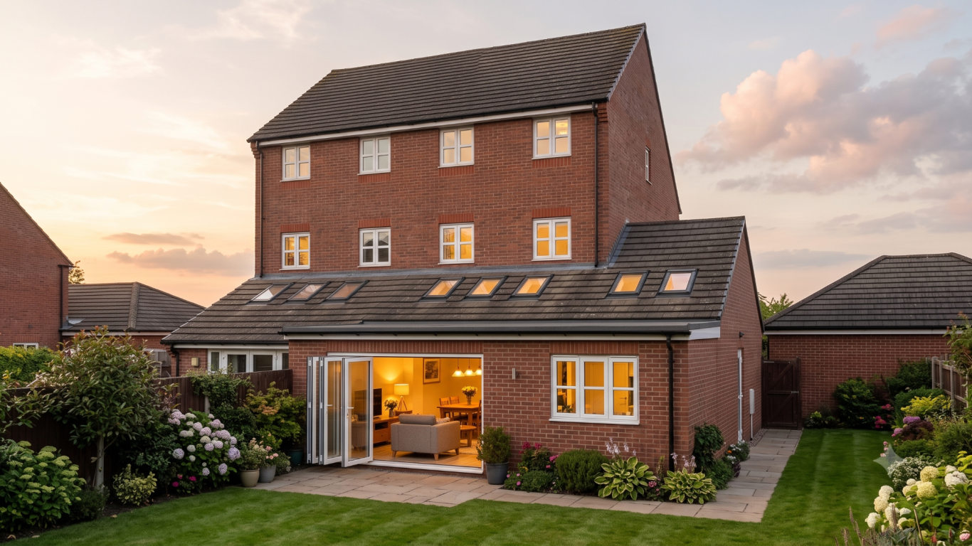 Modern glass-fronted extension with a wooden frame, set against a cloudy sky.