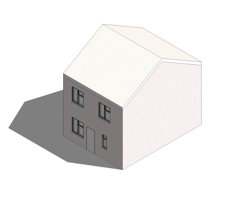 A simple illustrated house with a light roof and darker walls casting a shadow.