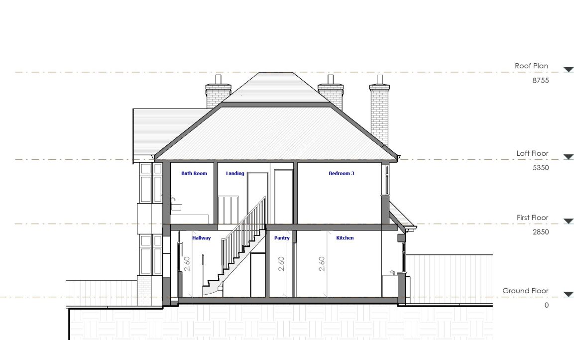 Cross-section of a house showing rooms, staircases, and architectural details.