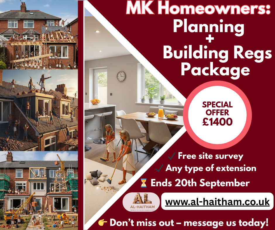 Promotional flyer for MK Homeowners' planning and building regulations package offer.
