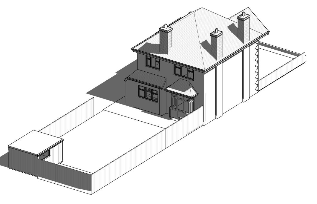 3D architectural sketch of a house with a garden and fence.