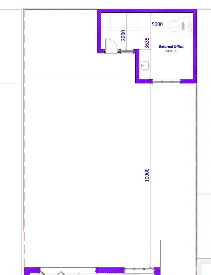 Floor plan with distinct areas outlined in purple, showing room dimensions and layout.