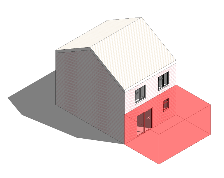 A simple two-tone house with a white roof and red shadows, featuring a door and windows.