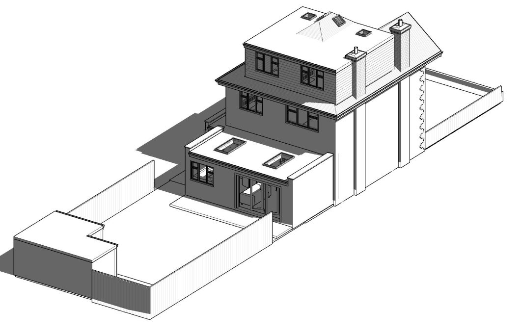 3D architectural rendering of a two-storey house with a garden.