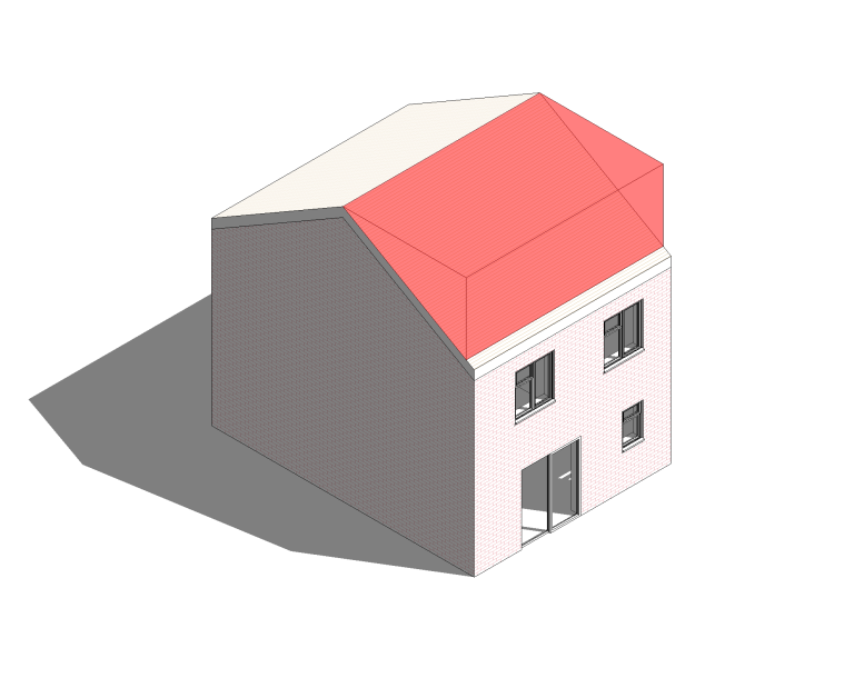 Isometric illustration of a two-storey house with a red roof and light grey walls.