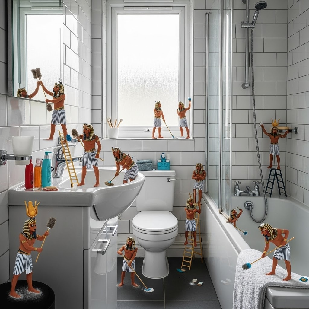 Bathroom Miniature figures dressed as royalty clean a modern bathroom.