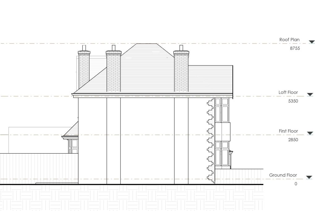 Side elevation of a two-storey house with chimneys and a staircase at the rear.