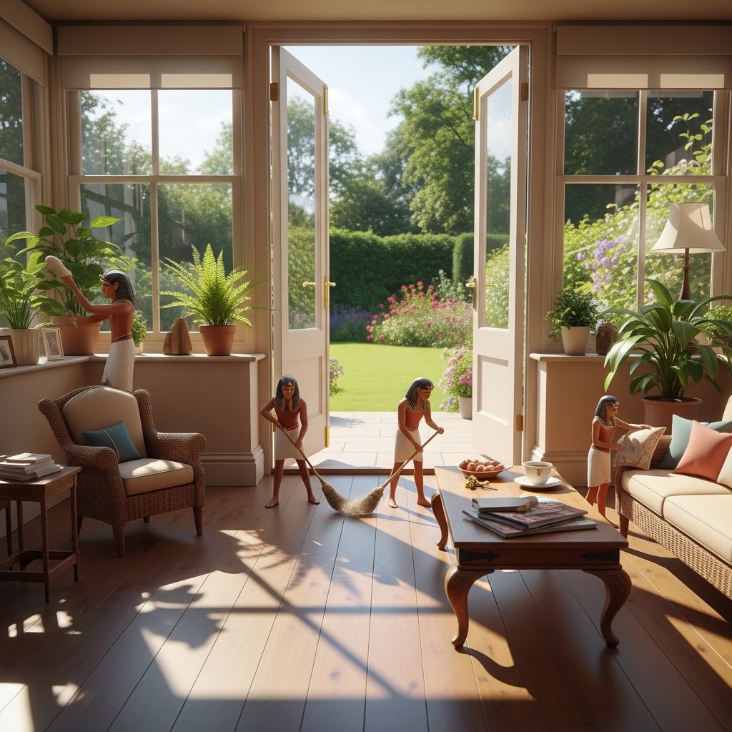 Cozy Garden Room Bright room with open doors, children playing, plants, and a view of a garden.