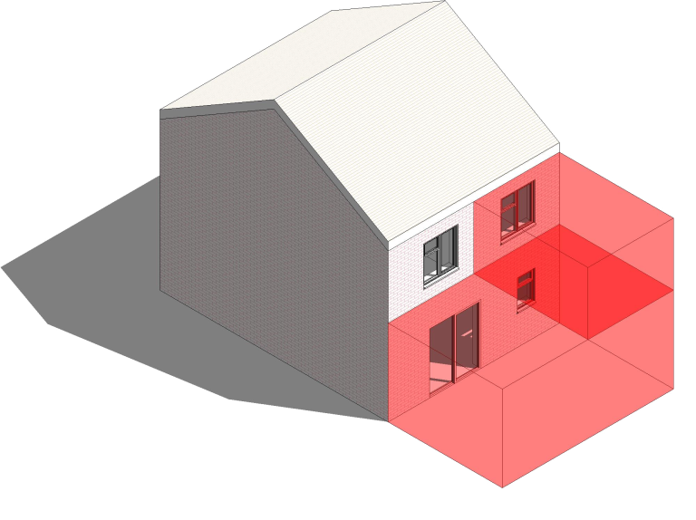 3D illustration of a house with one section highlighted in red.