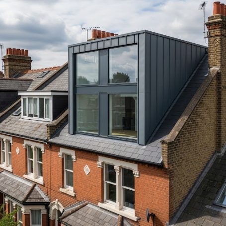 Modern rooftop extension on a traditional brick house under a cloudy sky.