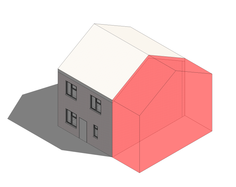 A 3D model of a house with a grey base and red triangular roof section.