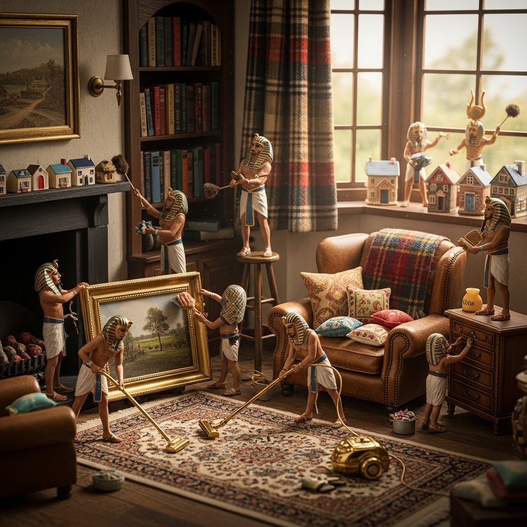 Snug Room Miniature figures resembling ancient Egyptians cleaning a cosy living room filled with decor.