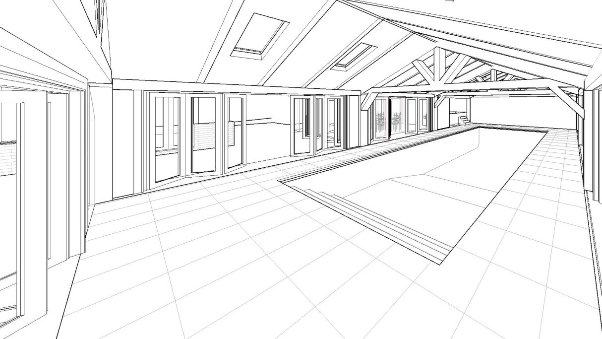 Line drawing of a spacious indoor swimming pool area with large windows and high ceilings.