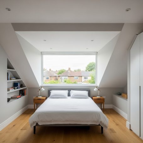 Modern bedroom with a large window, wooden floor, and simple decor.