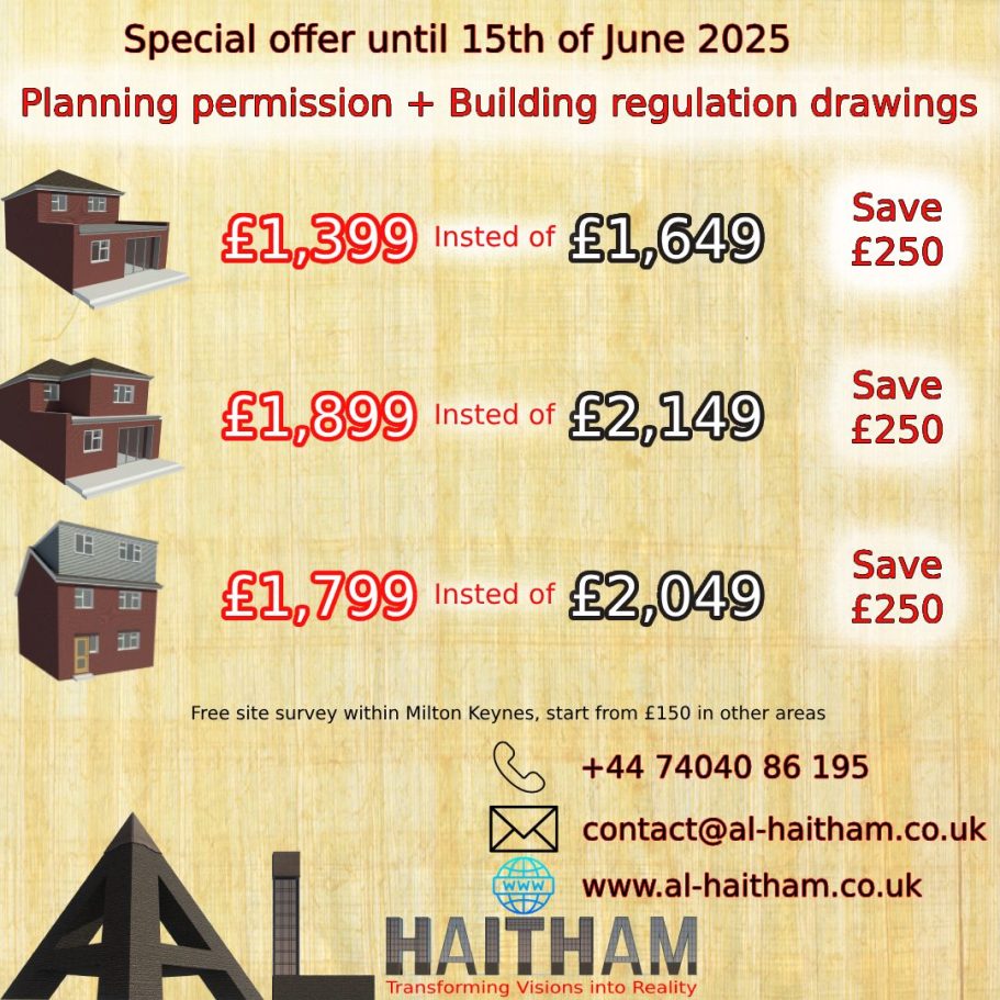Promotion for planning permission services with pricing details and contact information.