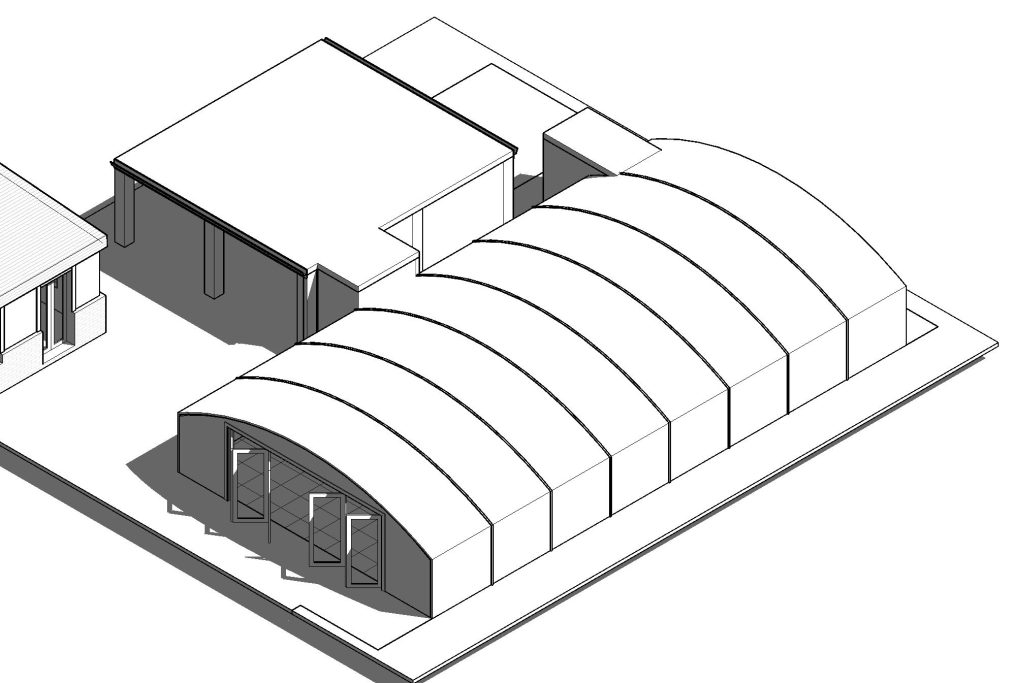Diagram of a building complex featuring a main structure and curved-roof extensions.