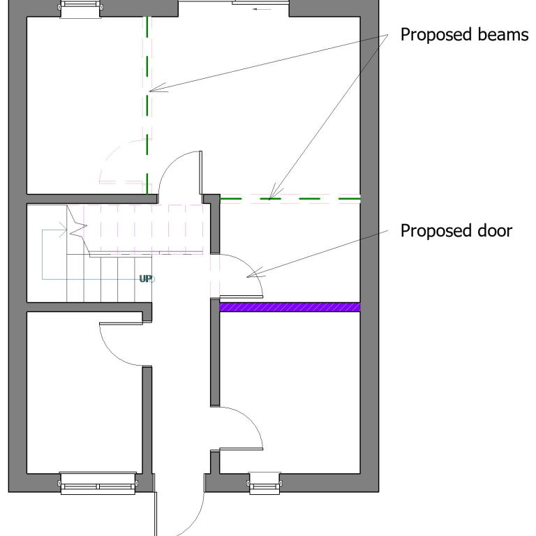 Floor plan showing proposed beams and a door layout.