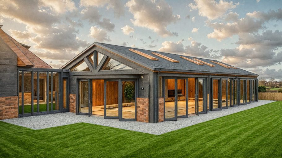 Modern glass extension with wooden beams, set in a grassy area under a cloudy sky.
