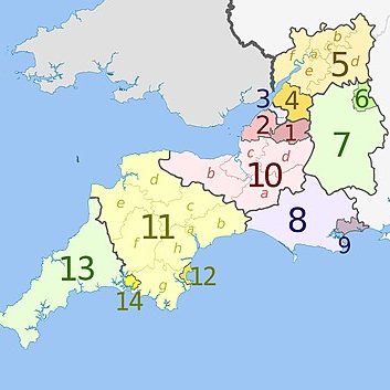 Map showing numbered regions, with colours indicating different areas in a geographic layout.