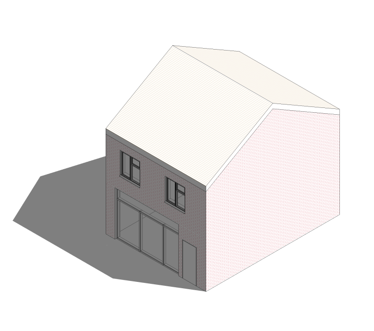 Isometric illustration of a simple two-storey house with a sloped roof.