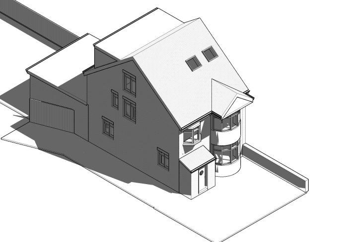 Schematic illustration of a modern two-storey house with a curved entrance.