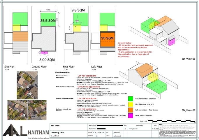 Architectural plans showing design layouts, dimensions, and colour-coded features.