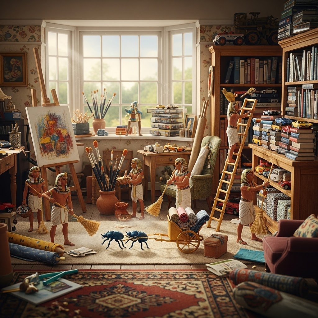 Hobby Room - Studio A cluttered artist's studio with miniature figures cleaning and painting.