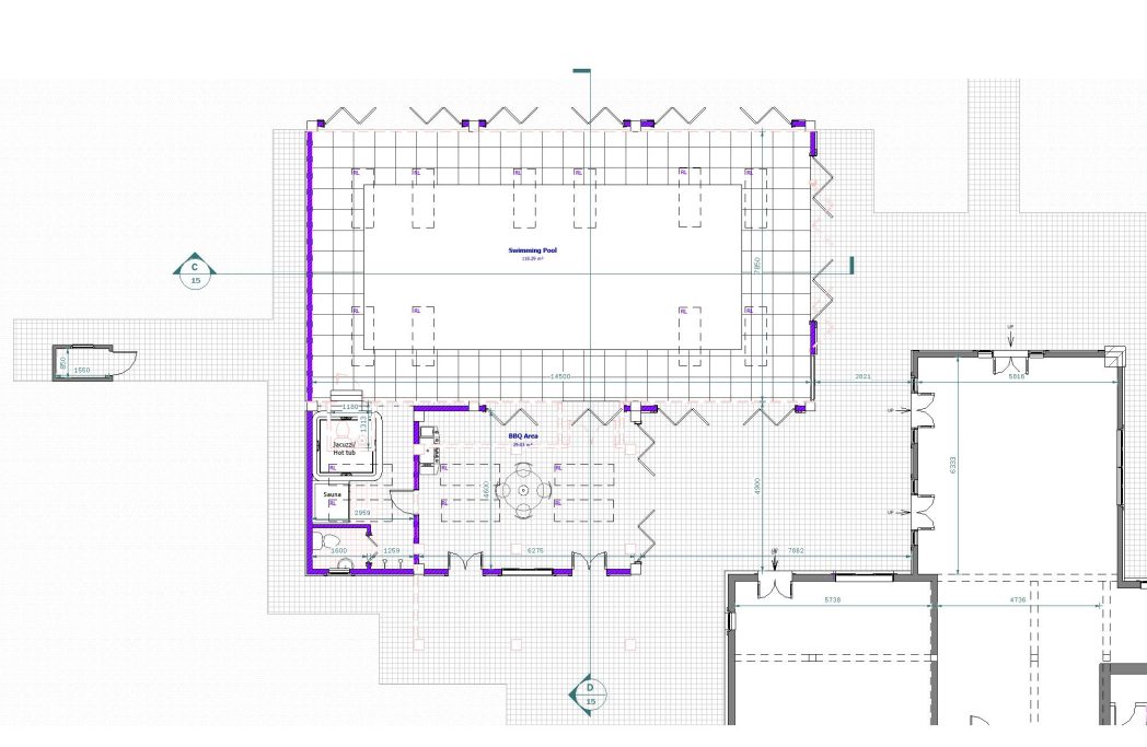 Blueprint of a building layout with rooms and dimensions indicated.