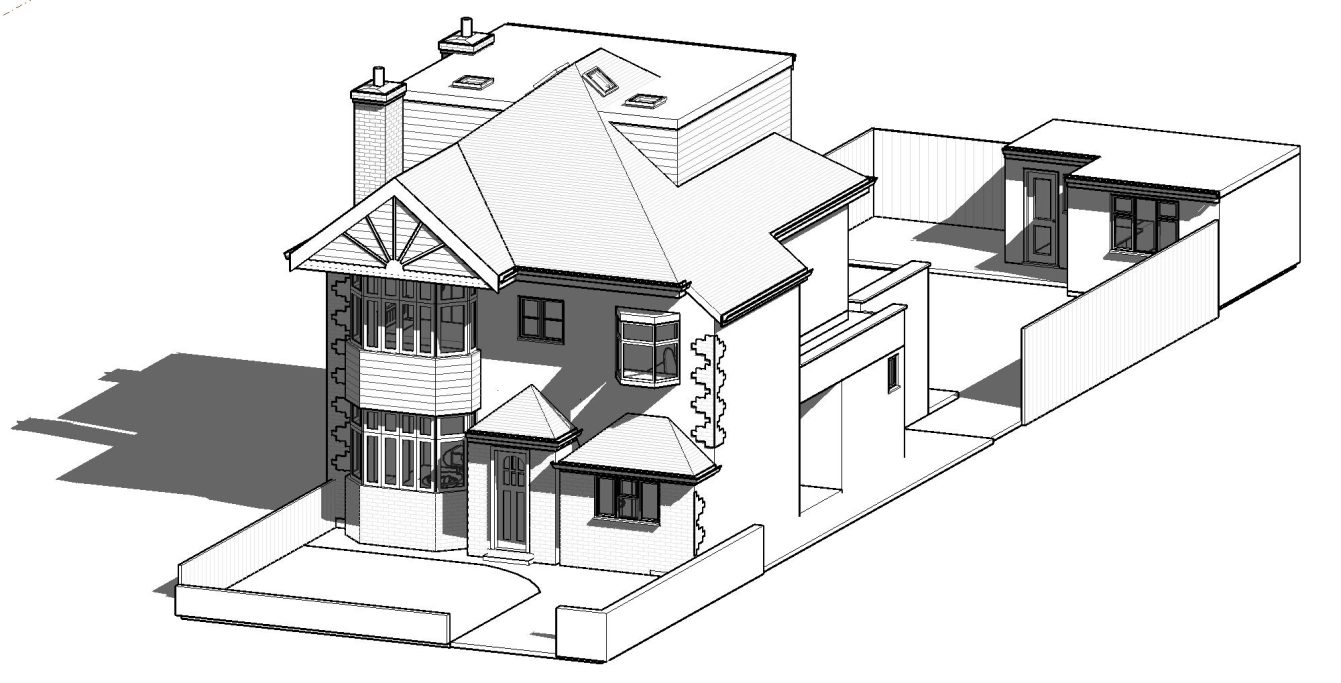 3D architectural model of a modern house with multiple sections and distinct rooflines.
