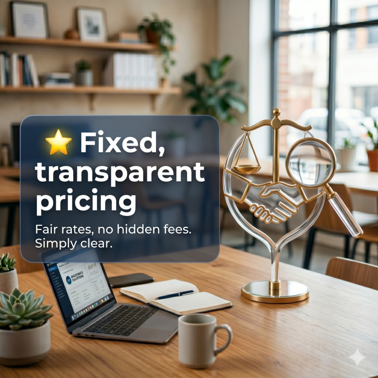 Laptop and tablet on a desk with a sign about fixed, transparent pricing.