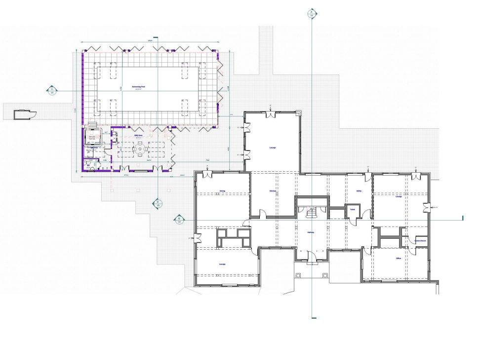 Floor plan layout showing two connected building sections with rooms and dimensions.