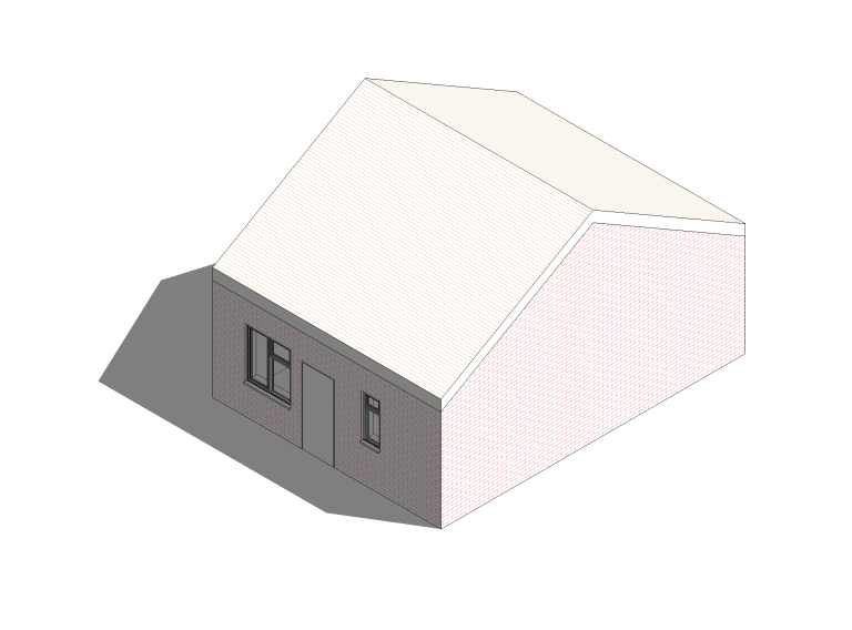 Simple geometric illustration of a house with a slanted roof and a grey accent at the entrance.